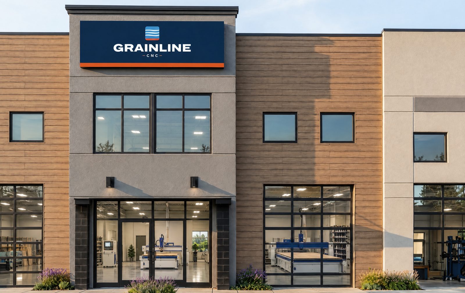 Rendering of the Grainline CNC showroom: a navy Grainline CNC sign above a glass storefront, with CNC routers visible inside.